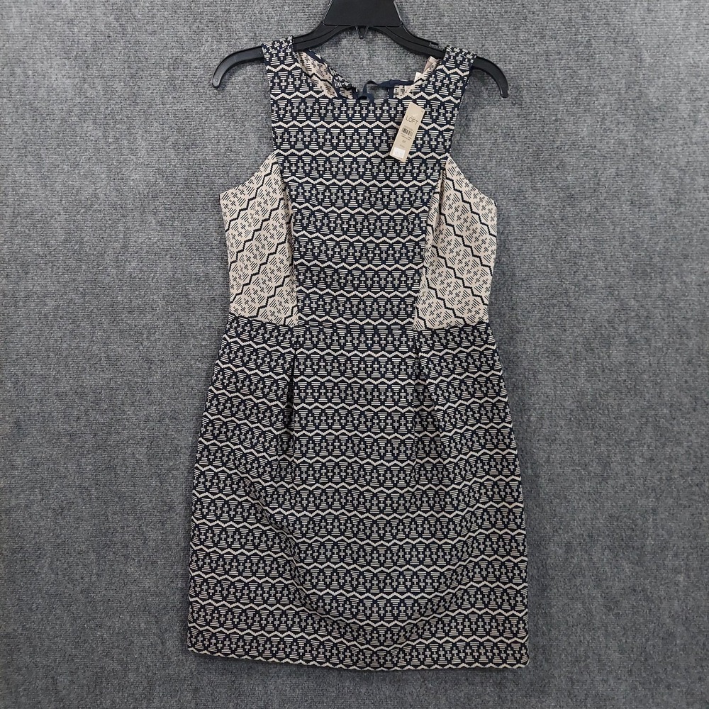 LOFT Dress Womens 6P Blue Geometric Cotton Sleeveless Sheath Keyhole Tie Back